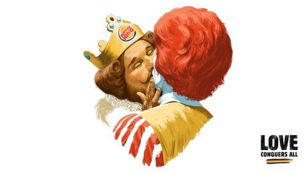 Mascote do Burger King beija Ronald McDonald em outdoor